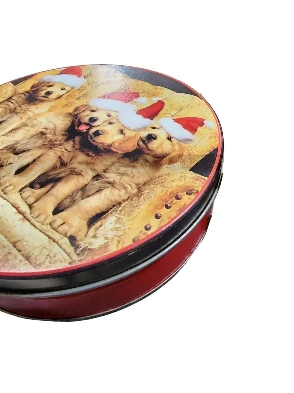 Vintage santa Hat Lab puppies cookie tin 6.5